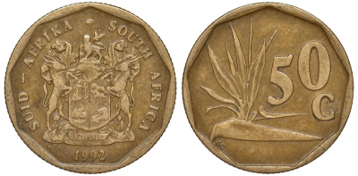 ЮАР 50 центов 1992 цветок KM 137 сталь плакированная латунью 4163-947