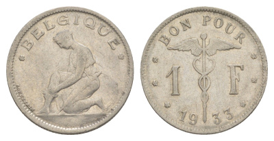 Бельгия 1 франк 1933 Belgique, Альберт I (1909-1934) KM 89 никель 4619-1037