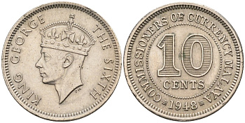 Британская Малайя 10 центов 1948 Георг VI (1937-1952) KM 8 медно-никель 4594-335