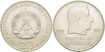 ГДР 20 марок 1972 А, Фридрих Шиллер (1759-1805) KM 40 медно-никель 4521-712