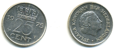 Нидерланды 25 центов 1975 Юлиана (1949-1980) KM 183 никель 83-1024