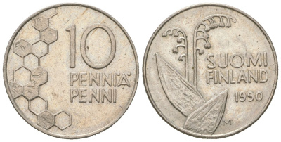 Финляндия 10 пенни 1990 KM 65 медно-никель 4617-1139