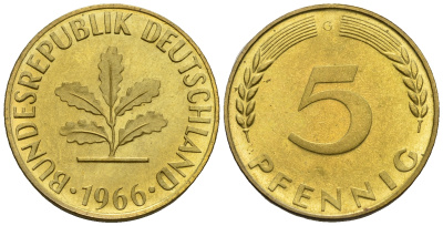 ФРГ 5 пфеннигов 1966 G KM 107, J. 382 сталь плакированная латунью PROOF 1094-7-12