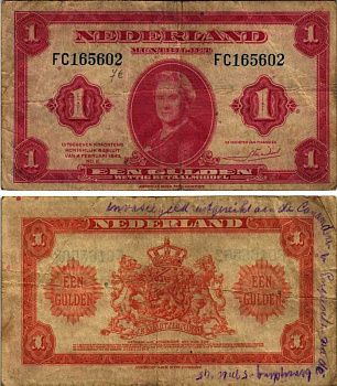 Нидерланды 1 гульден 1943 7 февраля 1943, Вильгельмина Pick 64 бумага 8605-28-3-1