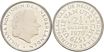 Нидерланды 2 1/2 гульдена 1979 400 лет Утрехтскому союзу, Юлиана (1949-1980) KM 197 никель 4587-1011