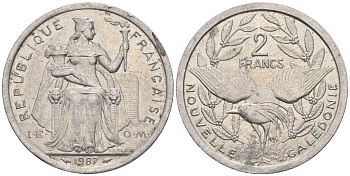 Французская Новая Каледония 2 франка 1987 птица кагу, (IEOM) KM 14, Schoen 11, Lec 64 алюминий    08-1244