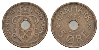 Дания 5 эре 1927 HCN, Кристиан X (1912-1947) KM 828 бронза 4638-555