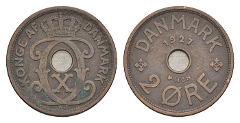 Дания 2 эре 1927 HCN, Кристиан X (1912-1947) KM 827 бронза 4639-721