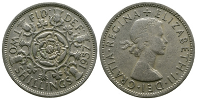Великобритания 2 шиллинга (флорин) 1957 Елизавета II (1952-2022) KM 906, Spink 4146 медно-никель 4382-115