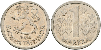 Финляндия 1 марка 1964 S KM 49 серебро 4582-1254