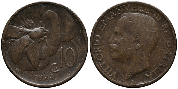ИТАЛИЯ 10 ЧЕНТЕЗИМО 1929 R, ВИКТОР ИМАНУИЛ, ПЧЕЛА KM 60 медь 76-953