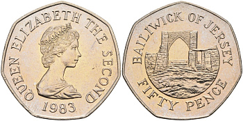 Джерси 50 пенсов 1983 замок Гросне, Елизавета II (1952-) KM 58.1 медно-никель UNC 4583-546