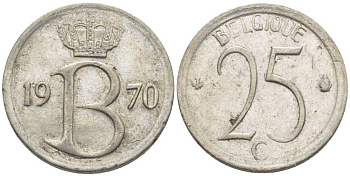 БЕЛЬГИЯ 25 САНТИМОВ 1970 BELGIQUE, БОДУЭН I (1951-1993) KM 153.1 медно-никель 116-953