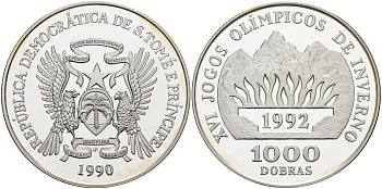 Сан-Томе и Принсипи 1000 добра 1990 XVI Зимние Олимпийские игры 1992 года в Альбервиле, тираж 10000 экз. KM 73 серебро PROOF 1098-1-21