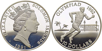 Соломоновы острова 10 долларов 1991 XXV Олимпийские игры 1992 года в Барселоне, бег KM 48 серебро PROOF 1078-7-12