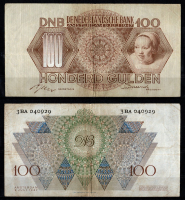 Нидерланды 100 гульденов 1947 Адриентье Холлаер (жена голландского художника Хендрика Сорга; картина Рембрандта, 1647) Pick 82 бумага 451-479-1
