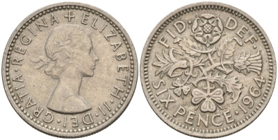 Великобритания 6 пенсов 1964 Елизавета II (1952-2022) KM 903, Spink 4149 медно-никель 4596-1047