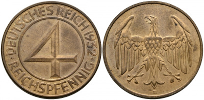 Германия 4 рейхспфеннига 1932 D J. 315, KM 75 бронза PROOF 00-817-61
