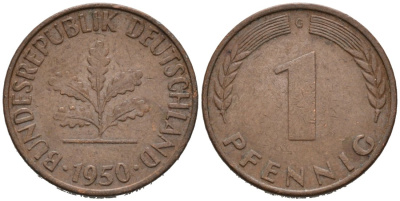 ФРГ 1 ПФЕННИГ 1950 G КМ 105, J. 380 сталь плакированная медью 4567-539
