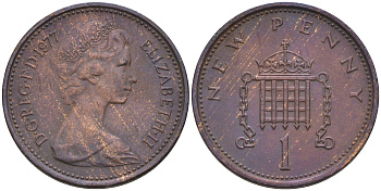 Великобритания 1 пенни 1977 Елизавета II (1952-2022) KM 915, Spink 4237 (B1) бронза    4147-354