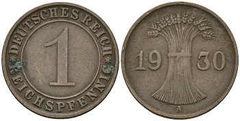 Германия 1 рейхспфенниг 1930 A KM 37, J. 313 бронза 4189-1133