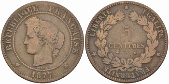 ФРАНЦИЯ 5 САНТИМОВ 1877 А, ТРЕТЬЯ РЕСПУБЛИКА (1871-1940) KM 821.1, LE FRANC 118.16 бронза 108-624