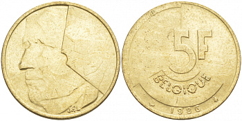БЕЛЬГИЯ 5 ФРАНКОВ 1986 BELGIQUE KM 163 латунь или алюминевая бронза 68-244