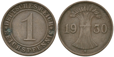 Германия 1 рейхспфенниг 1930 A KM 37, J. 313 бронза 4189-1133