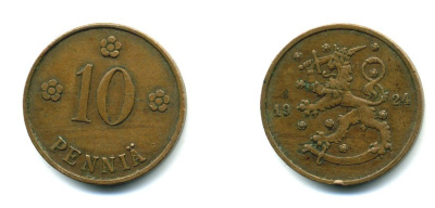 Финляндия 10 пенни 1924 республика (1918-1962) KM 24 медь 46-916