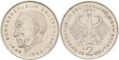ФРГ 2 марки 1987 J, Конрад Аденауэр, 20 лет Федеративной Республике (1949-1969) KM 124, J. 406 медно-никель плакированный никелем 4137-444