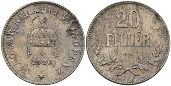 Венгрия 20 филлеров 1920 КВ, Карл I (1916-1918), редкий год KM 498 железо 4151-1029