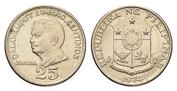 Филиппины 25 сентимо 1974 Хуан Луна KM 199 медь цинк никель UNC 4668-717