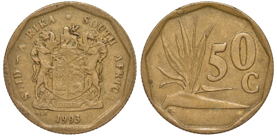 ЮАР 50 центов 1993 цветок KM 137 сталь плакированная латунью 4163-951