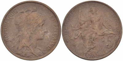 ФРАНЦИЯ 5 САНТИМОВ 1910 ТИП ДАНИЭЛЬ ДЮПЮИ KM 842, LE FRANC 119.22 бронза 108-923