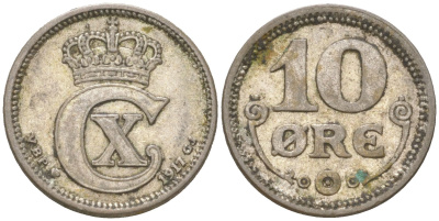 Дания 10 эре 1916 Кристиан X (1912-1947) KM 818 серебро 4621-1022