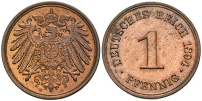 Германия 1 пфенниг 1894 A, Вильгельм II (1888-1918) KM 10, J. 10 медь aUNC 1525-535