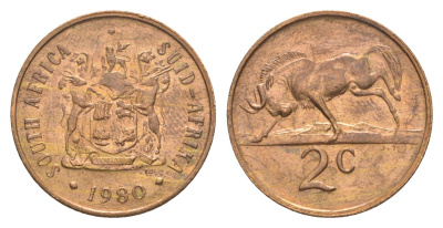 ЮАР 2 цента 1980 герб, антилопа гну KM 83 бронза aUNC 4621-148