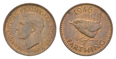 Великобритания 1 фартинг 1946 Георг VI (1936-1952) KM 843, Spink 4116 бронза aUNC 3457-1234