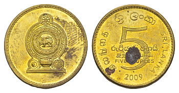 Шри-Ланка 5 рупий 2009 KM 148a сталь плакированная латунью 4638-415