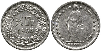 Швейцария 1/2 франка 1968 В KM 23а.1 медно-никель 4532-426