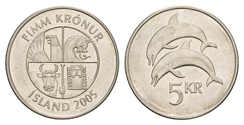 Исландия 5 крон 2005 дельфины KM 28a сталь плакированная никелем UNC 4635-133