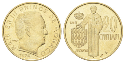 Монако 20 сантимов 1974 Ренье III (1949-2005), тираж 7.000 экземпляров KM 143 медь алюминий никель BU 4642-136