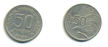 Индонезия 50 рупий 1971 райская птица KM 35 медно-никель 4364-737