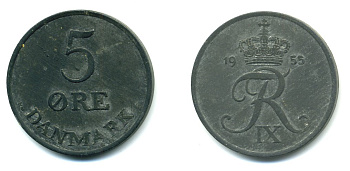 ДАНИЯ 5 ЭРЕ 1955 N; S, ФРЕДЕРИК IX (1947-1972) KM 843.1 цинк 71-1626