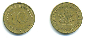 ФРГ 10 ПФЕННИГОВ 1966 D KM 108, J.383 сталь плакированная латунью 89-1723