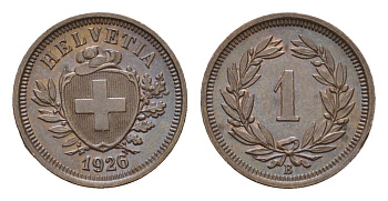 Швейцария 1 раппен 1926 B KM 3.2 бронза aUNC 1528-131