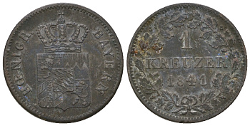 Бавария 1 крейцер 1841 Людвиг I (1825-1848) KM 422, Jaeger 58 a, AKS 88 серебро 4615-1241