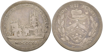 Великобритания, Глостершир жетон в 1 шиллинг 1811 жетон округа и города Глостер, вид на Глостерский собор Davis 6 серебро 1526-624
