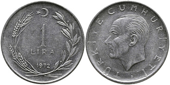 Турция 1 лира 1972 Мустафа Кемаль Ататюрк KM 889а.2 нержавеющая сталь 4364-4424