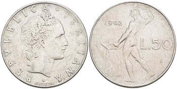 ИТАЛИЯ 50 ЛИР 1962 R, БОГ ОГНЯ ВУЛКАН У НАКОВАЛЬНИ KM 95.1 нержавеющая сталь 216-241